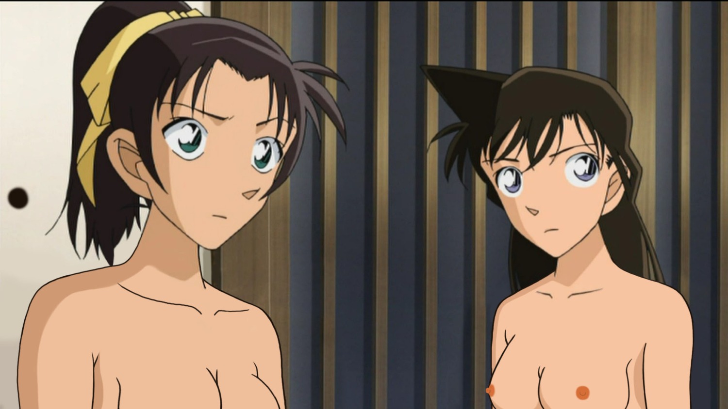 2girls blue_eyes breasts brown_hair detective_conan female female_only green_eyes hair_ribbon human kazuha_toyama large_breasts light-skinned_female light_skin long_hair multiple_females multiple_girls nipples nude pale-skinned_female pale_skin pointy_chin ran_mouri rule34 tagme wide-set_eyes
