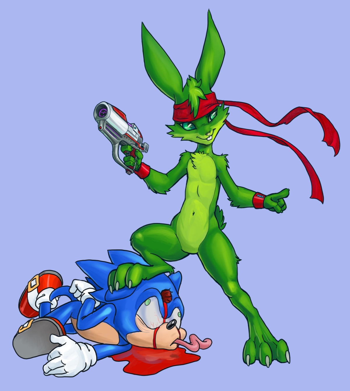 3_toes 4_fingers 5_fingers accessory anthro black_nose blood blue_background blue_body blue_fur bodily_fluids bracelet buckteeth claws clothing cross-eyed crossover death digitigrade duo e621 epic_games eulipotyphlan feet fingers footwear fur gesture glistening gloves gore grasp green_body green_eyes green_fur green_nose grotesque_death gun hand_gesture handwear happy hare headband headgear hedgehog hi_res holding_gun holding_object holding_ranged_weapon holding_weapon jazz_jackrabbit jazz_jackrabbit_(series) jewelry lagomorph leporid long_ears looking_away lying male mammal mostly_nude narrowed_eyes navel nude on_ground on_top penseal pointing quills_(anatomy) raised_leg ranged_weapon sega shadow shoes shot_in_head simple_background smile sonic_the_hedgehog sonic_the_hedgehog_(series) squint standing step_pose teeth toe_claws toes weapon wristband