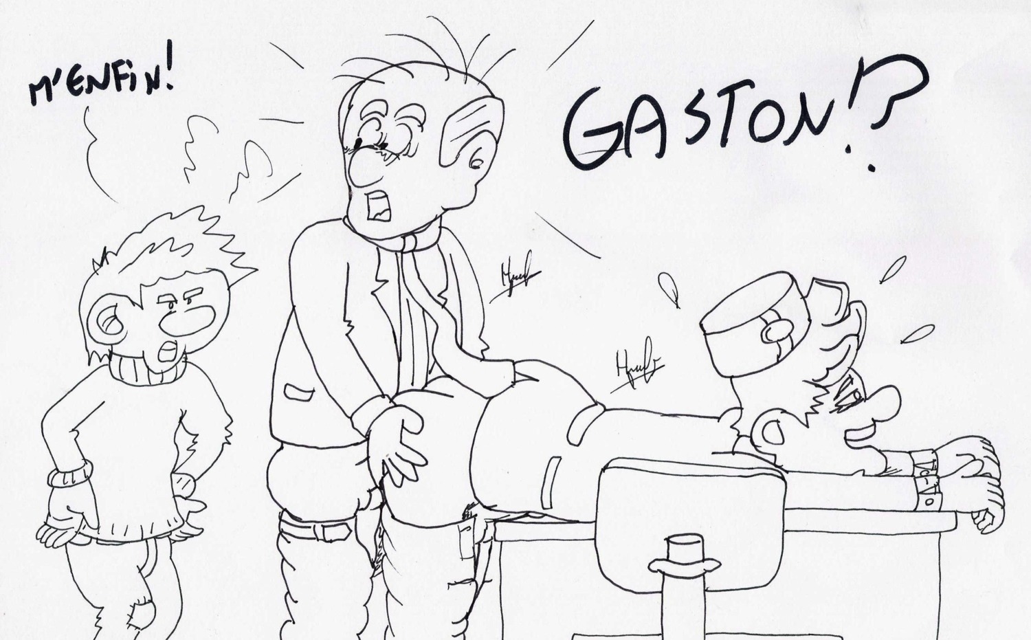 3boys anal_penetration anal_sex caught caught_in_the_act erect_while_penetrated fantasio flying_sweatdrops french_text gaston_(comic) gaston_lagaffe gay gay_sex hands_on_hips human human_only lying_on_desk male male/male male_on_male male_only male_penetrating_male monochrome necktie pants_down pleasure_face receiving_on_stomach rule34 simple_background spirou spirou_magazine tagme turtleneck_sweater white_background yaoi