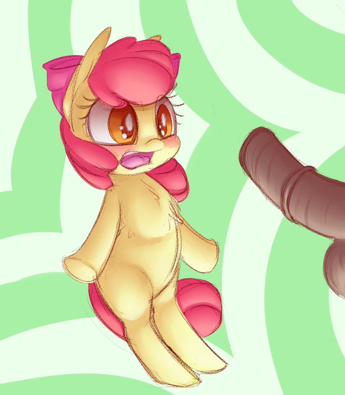 2013 accessory amber_eyes apple_bloom_(mlp) blush bow_(feature) bow_accessory bow_ribbon disembodied_penis duo e621 earth_pony equid equine erection female female_focus feral friendship_is_magic fur genitals hair hair_accessory hair_bow hair_ribbon hasbro hi_res horse male male/female mammal my_little_pony nude open_mouth penis pony red_hair ribbons solo_focus spoonzy yellow_body yellow_fur young young_feral