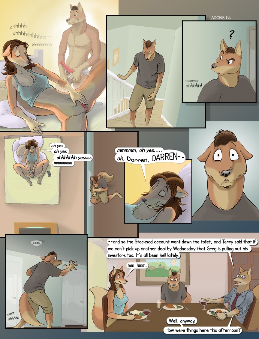 adonis alternating_focus anthro awkward balls bed bedroom_eyes black_nose bottomless bottomwear breasts brown_body brown_fur brown_hair canid canine canis clothed clothing comic darren_(adonis) dialogue domestic_dog duo_focus e621 eavesdropping eight_frame_image english_text erection eyes_closed eyewear fantasy female fur furniture genitals glasses group hair half-closed_eyes hiding humanoid_genitalia humanoid_penis incestuous_fantasy karen_(adonis) linked_speech_bubble male mammal masturbation mother_(lore) name_drop name_in_dialogue narrowed_eyes nude panel_overlap parent_(lore) penis pink_penis question_mark repeated_dialogue repeated_text seductive shirt shocked shorts speech_bubble spread_legs spreading tail tan_body tan_fur text topwear uhoh underwear vaginal vaginal_masturbation vulva