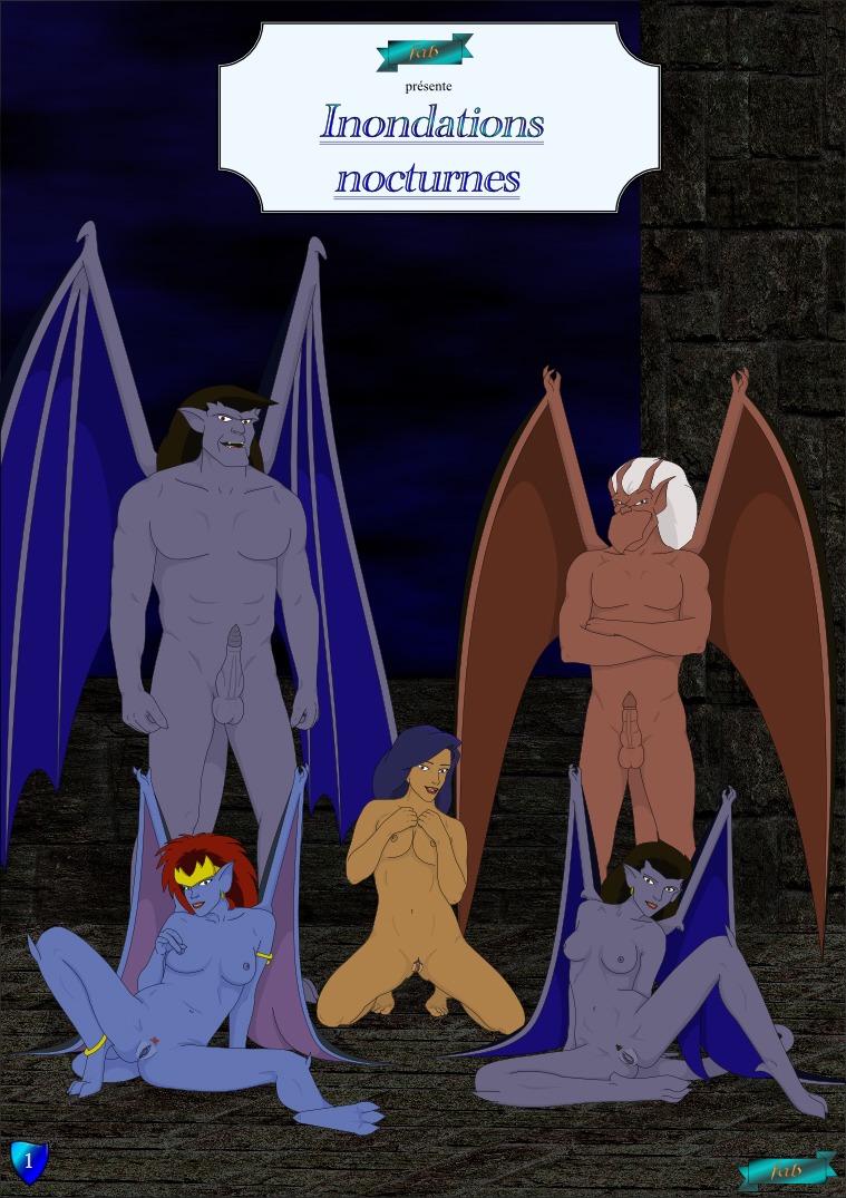 angela_(gargoyles) bat_wings black_hair blue_body blue_hair blue_nipples blue_skin breasts brooklyn_(gargoyles) demona_(gargoyles) disney e621 elisa_maza_(gargoyles) erection fab3716 female french_text gargoyle gargoyles genitals goliath_(gargoyles) group hair human human_on_humanoid humanoid interspecies irl_trace male mammal membrane_(anatomy) membranous_wings navel nipples not_furry nude penis pubes red_hair tail text translated vulva wings