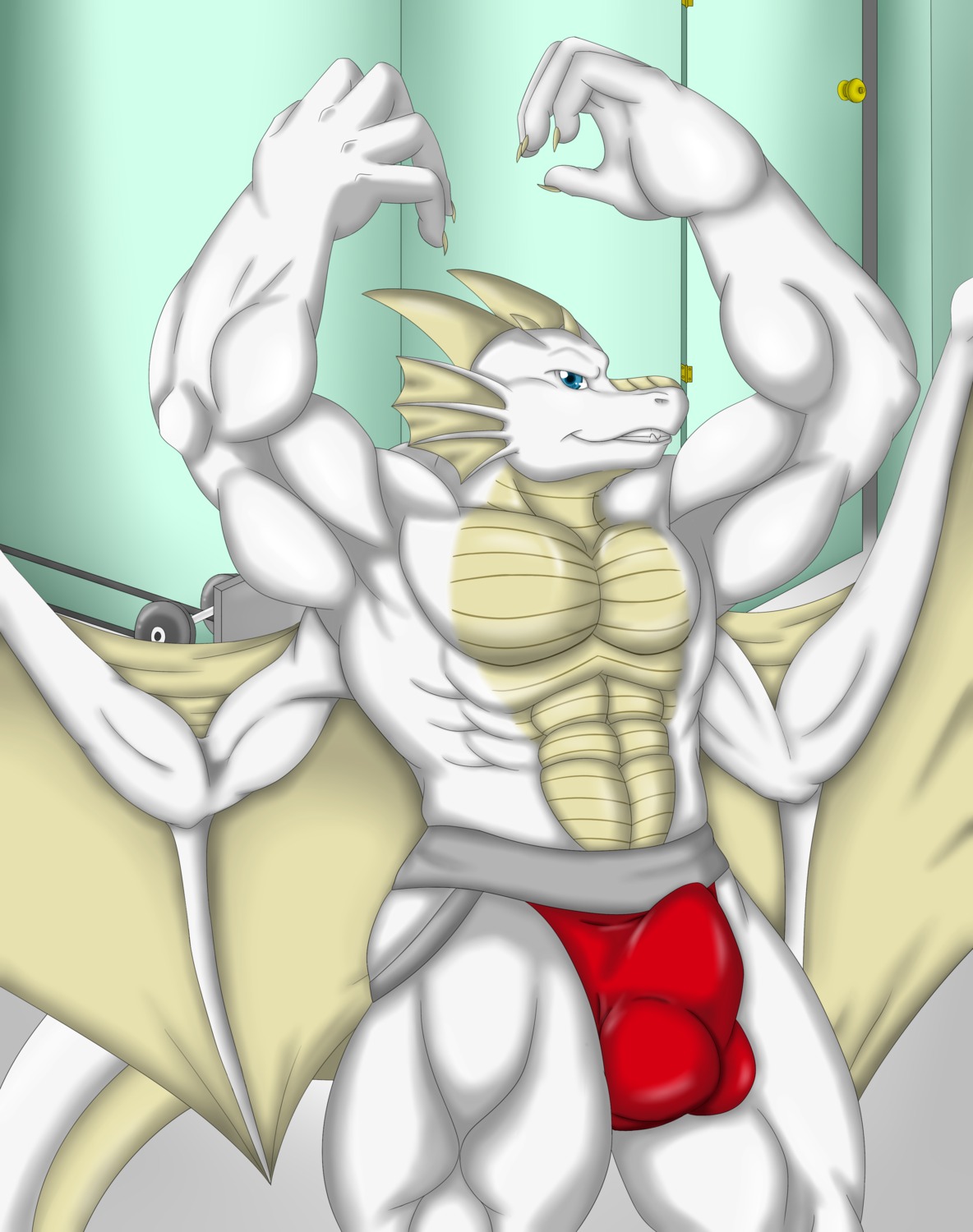 2012 abs absurd_res altoryu anthro biceps big_muscles blue_eyes bulge clothed clothing detailed_bulge dragon e621 european_mythology flexing genital_outline gym hi_res horn jockstrap kairyu211 looking_at_viewer male membrane_(anatomy) membranous_wings muscular muscular_anthro muscular_male mythological_creature mythological_scalie mythology pecs penis_outline pose scales scalie solo tail tenting topless underwear weights western_dragon white_body wings yellow_horn