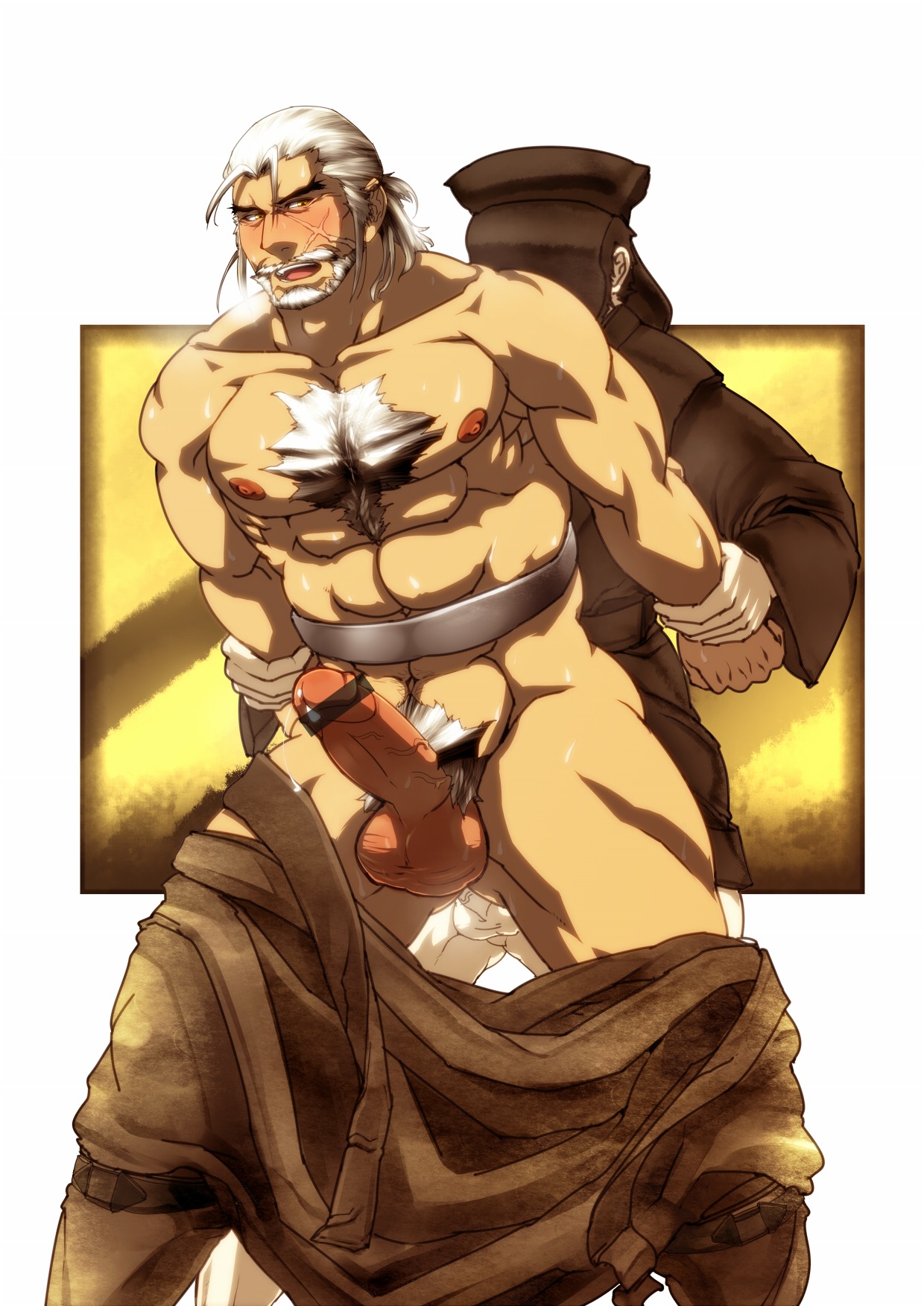 bara censored gay higemorigen highres male male_only moustache muscles nise_no_chigiri open_mouth penis rule34 scar tougi_kanehisa white_hair yaoi yellow_eyes