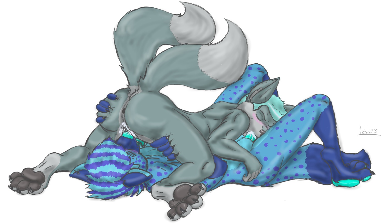 2_tails 69_position anthro blue_penis bodily_fluids butt butt_grab canid canine canis cm cum cunnilingus duo e621 erection eyes_closed feet fellatio female fenni fluffy fluffy_tail frozen_over genital_fluids genitals grope hand_on_butt hi_res hindpaw hyena licking love male male/female mammal multi_tail nude oral paws penile penis piercing sex sexyspots simple_background spots spotted_hyena stripes tail tongue tongue_out vaginal vaginal_fluids vulva white_background wolf