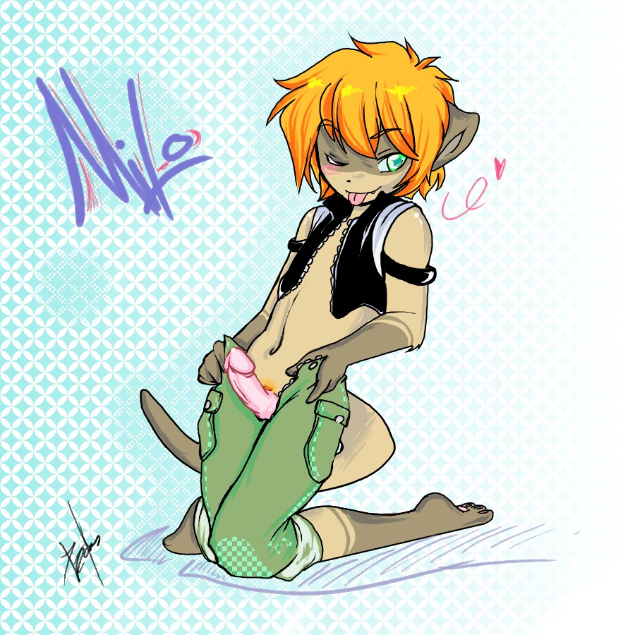 1:1 anthro biped blush clothed clothing cyn. digital_media_(artwork) e621 erection genitals glans hair heart_symbol herpestid kneeling male mammal meerkat milo_redworth one_eye_closed orange_hair penis shaded solo tail tongue tongue_out wink
