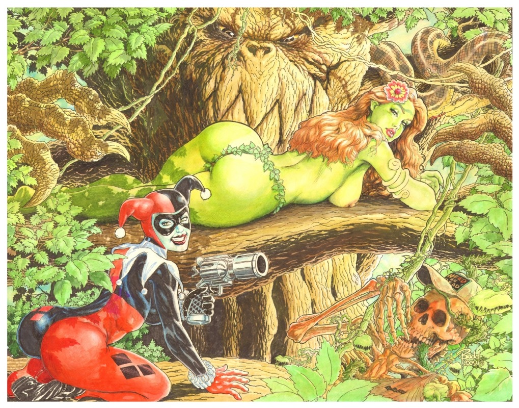 00s 2000s 2009 2d 2girls ass batman_(series) breasts budd_root dc dc_comics female female_only green-skinned_female green_skin harley_quinn harley_quinn_(classic) human multiple_females multiple_girls nature pamela_isley poison_ivy public_topless rule34 skeleton thong topless topless_female tree yuri