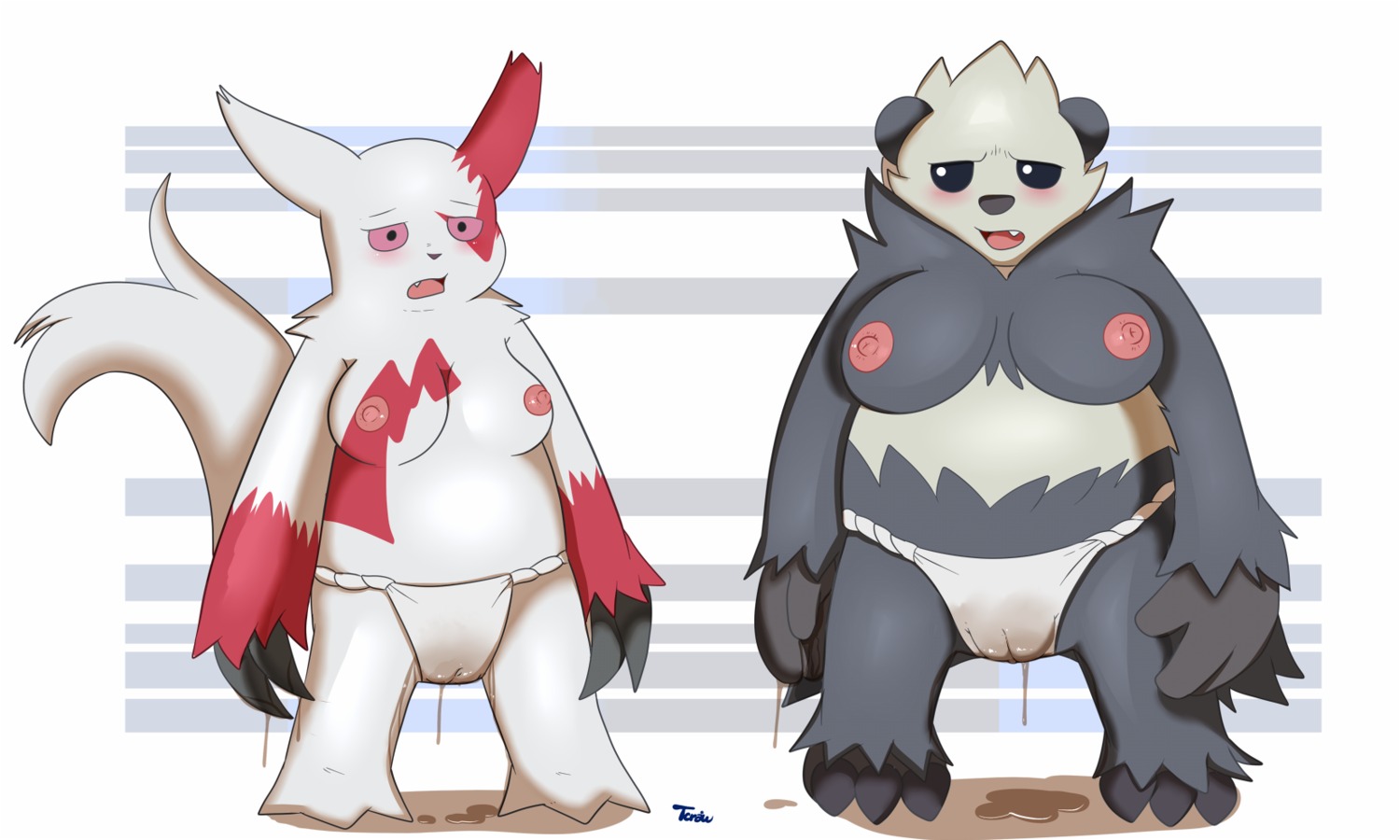 3_toes 5:3 abstract_background anthro asian_clothing blush bodily_fluids clothed clothing cum duo e621 east_asian_clothing fangs feces feet female fundoshi fur generation_3_pokemon generation_6_pokemon genital_fluids hi_res japanese_clothing markings multicolored_body nintendo pangoro pokemon pokemon_(species) red_markings scatplay signature slightly_chubby soiling source_request tcraw teeth toes topless tuft underwear urine white_body white_fur zangoose