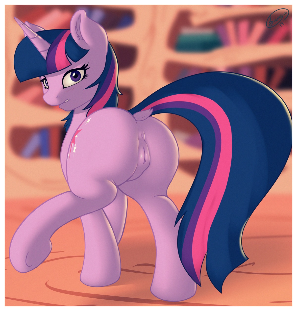 absurd_res anus bite biting_lip biting_own_lip butt e621 equid equine female feral friendship_is_magic fur genitals hair hasbro hi_res horn lips looking_at_viewer looking_back mammal multicolored_hair my_little_pony mythological_creature mythological_equine mythology nude purple_body purple_eyes purple_fur purple_hair self_bite skipsy solo tail twilight_sparkle_(mlp) two_tone_hair unicorn vulva
