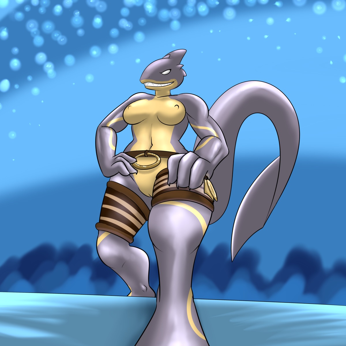 1:1 absurd_res anthro aquatic belt breasts clothed clothing digital_media_(artwork) e621 female first_person_view fish genitals hands_on_hips hi_res lagotrope looking_at_viewer low-angle_view muscular muscular_anthro muscular_female navel nipples non-mammal_breasts non-mammal_nipples nude nyjasca partially_clothed shark sharp_teeth smile solo tail teeth vulva