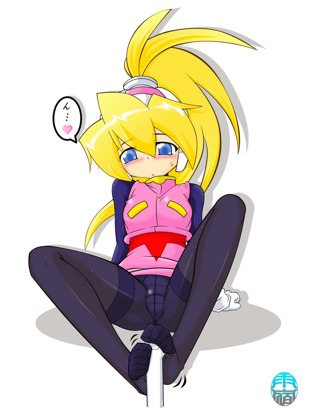 1girls blue_eyes blush ciel_(mega_man) female footjob heart helmet mega_man mega_man_zero on_back panties pantyhose ponytail rule34 solo spoken_heart striped striped_panties sweat tied_hair yellow_hair