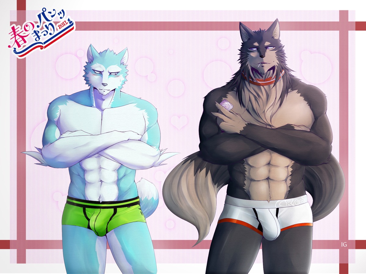 4:3 abs anthro athletic biceps big_muscles black_body black_fur black_nose blue_body blue_fur blush boxer_briefs broad_shoulders brown_body brown_fur bulge candy canid canine canis claws clothed clothing collar condom crossed_arms dessert duo e621 food fur green_clothing green_underwear ig1119 lollipop male male/male mammal muscular muscular_male pecs pose purple_eyes sexual_barrier_device standing tan_body tan_fur topless underwear white_body white_clothing white_fur white_underwear wolf