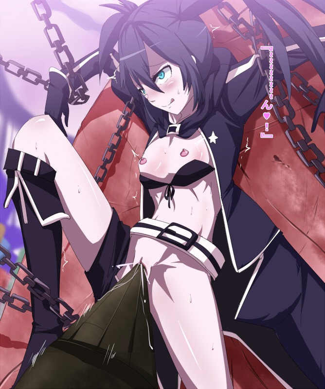 black_bra black_hair black_rock_shooter black_rock_shooter_(character) blue_eyes bondage chains female licking_lips rule34 shorts shorts_around_one_leg tagme
