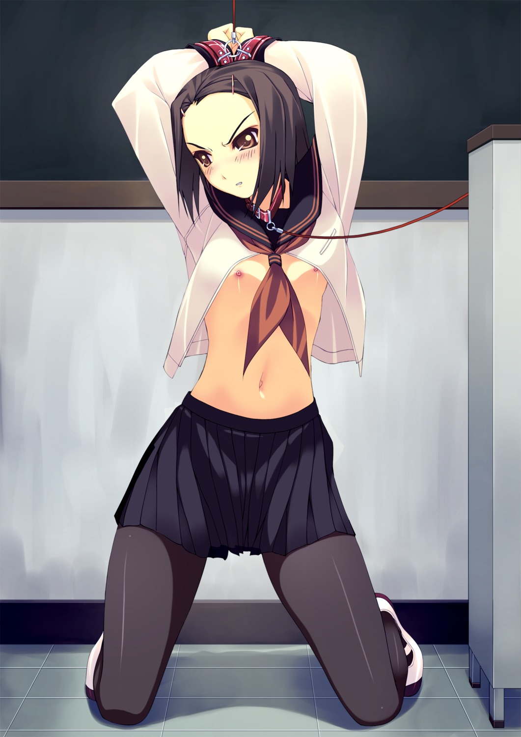1girls angry angry_expression arms_behind_head arms_up black_skirt blush blushing bondage breasts breasts_out brown_eyes brown_hair classroom collar f-ism f-ism_vol.13 female female_focus female_human female_only flat_chest full_body gritted_teeth gritting_teeth human human_female human_focus human_only kneeling leash murakami_suigun nipples open_shirt open_topwear oppai pettanko restrained rule34 serafuku skirt small_breasts solo solo_female solo_focus stockings wrists_bound wrists_tied