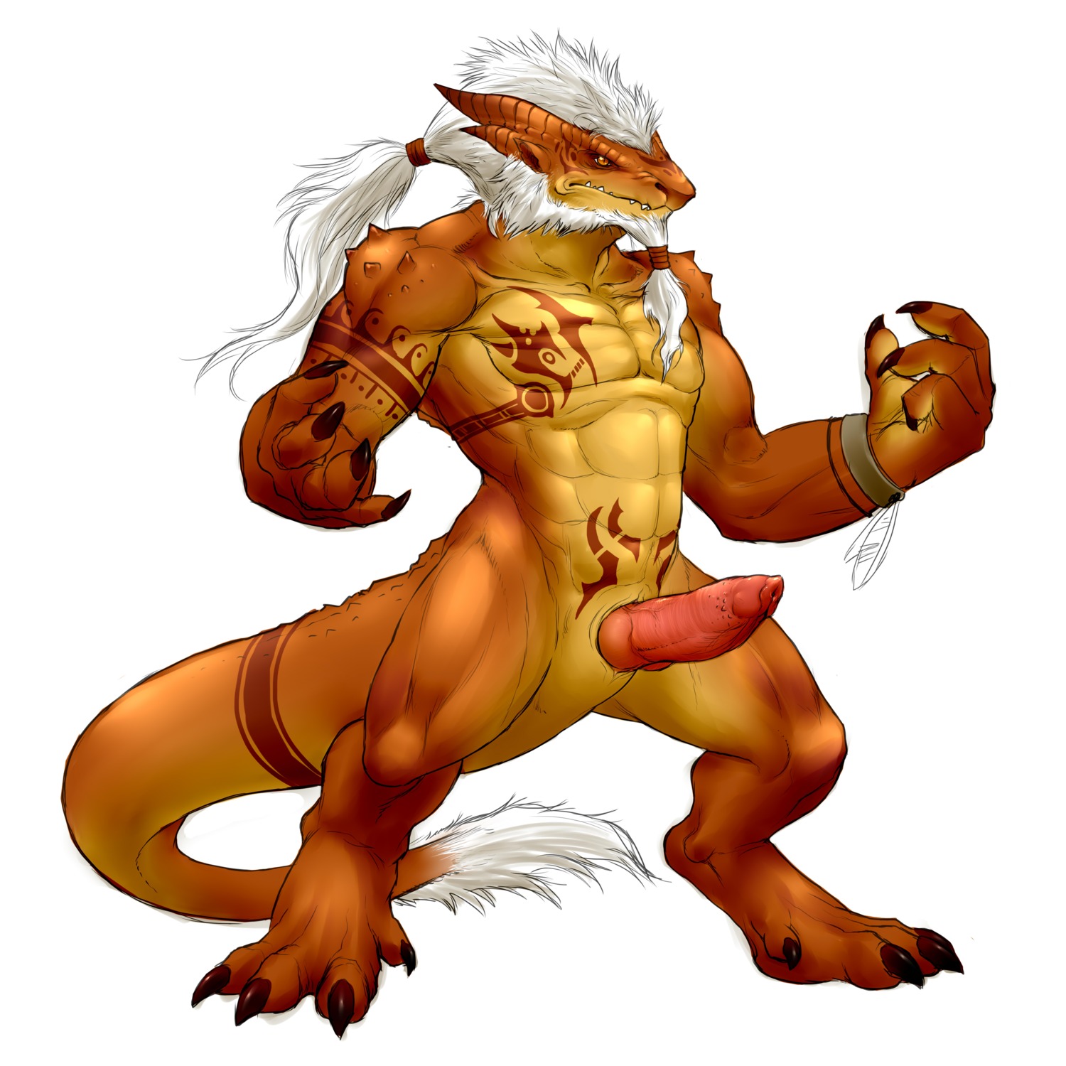 1:1 4_toes abs absurd_res animal_genitalia anthro beard biceps biped claws cloaca cloacal_penis digitigrade dragon e621 erection facial_hair feathers feet fur genitals hair hi_res hindpaw horn looking_away male muscular muscular_anthro muscular_male mythological_creature mythological_scalie mythology nude orange_body orange_scales paws pecs penile_spines penis pose pupils rollwulf scales scalie simple_background slit_pupils solo standing tail tail_tuft tattoo teeth toes tribal tuft vein white_hair yellow_body yellow_scales