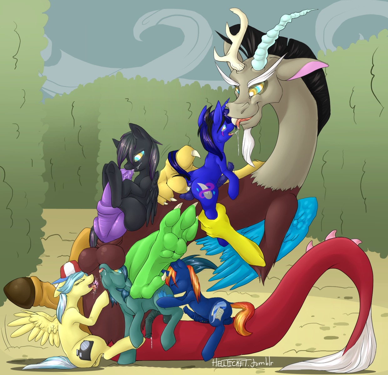 2013 anal anal_fingering antlers anus balls bisexual black_body black_feathers black_fur blue_body blue_feathers blue_fur bodily_fluids brown_body brown_feathers chimera clothing collaborative collaborative_fellatio collaborative_oral collaborative_sex cum cutie_mark discord_(mlp) draconequus e621 english_text equid equine erection fan_character feathered_wings feathers fellatio female female_rimming_male feral fingering flaccid friendship_is_magic fur genital_fluids genitals green_body green_fur group group_sex hair hasbro hat headgear headwear hellticket hi_res horn hypnosis interspecies knyght_tyme larger_male licking male male/female male/male male_penetrated male_penetrating male_penetrating_male mammal midnight_blade mind_control multicolored_eyes multicolored_hair my_little_pony mythological_creature mythological_equine mythology nude oral oral_sandwich orange_hair orgy outside pegasus penetration penile penis poison_trail rimming rome_silvanus saliva sex sitting size_difference smaller_female smaller_male text tongue tongue_out tracy_flash_(mlp) two_tone_hair unicorn vulva wings