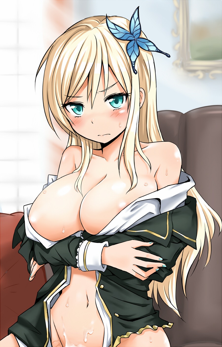 after_sex aqua_eyes bare_shoulders blonde_hair blush boku_wa_tomodachi_ga_sukunai breasts butterfly_hair_ornament cleavage cum cum_on_body cum_on_lower_body embarrassed female hair_ornament high_resolution human kashiwazaki_sena large_breasts long_hair navel out-of-frame_censoring rule34 school_uniform solo zaxwu