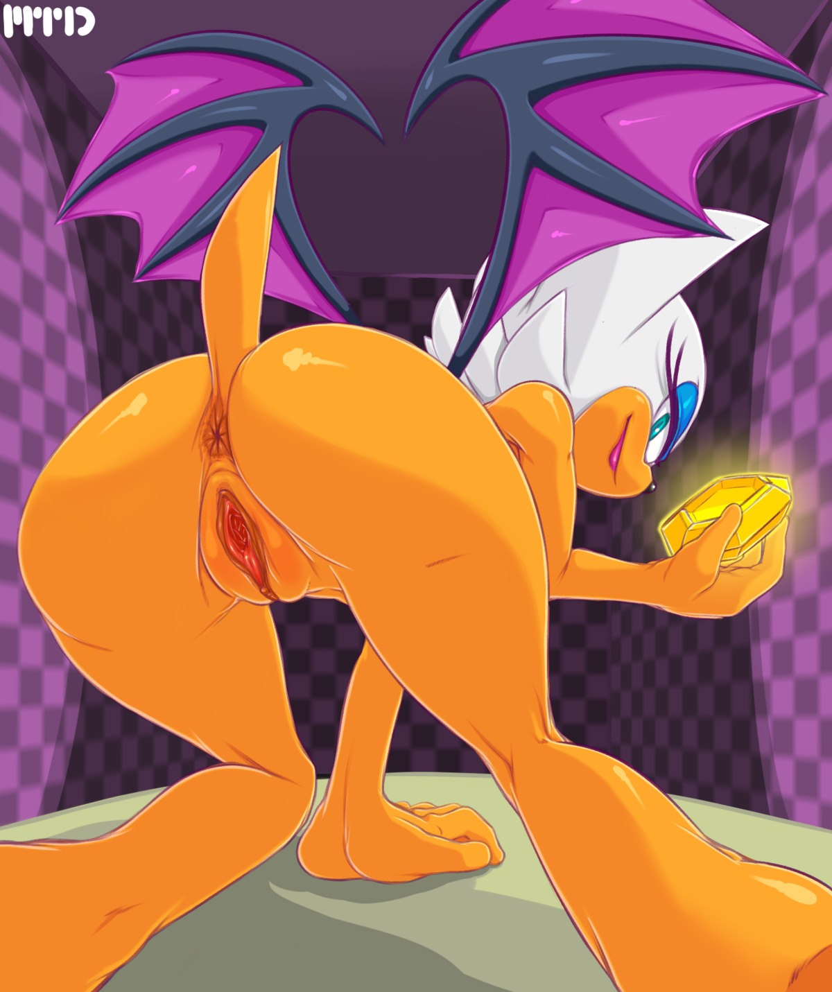 2014 all_fours anthro anus bat big_butt biped blue_eyes butt e621 female gem genitals hair hi_res looking_at_viewer looking_back mammal marthedog membrane_(anatomy) membranous_wings nude presenting presenting_hindquarters presenting_vulva rouge_the_bat sega smile solo sonic_the_hedgehog_(series) vulva white_hair wings