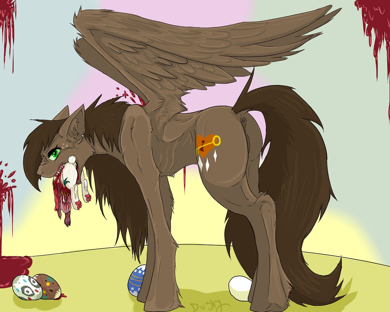 5:4 anus blood bodily_fluids duo dusty_(artist) e621 egg equid equine feathered_wings feathers female feral gore guts hard_vore hasbro lagomorph leporid looking_at_viewer mammal my_little_pony mythological_creature mythological_equine mythology organs pegasus rabbit sharp_teeth snarling standing teeth vore wings