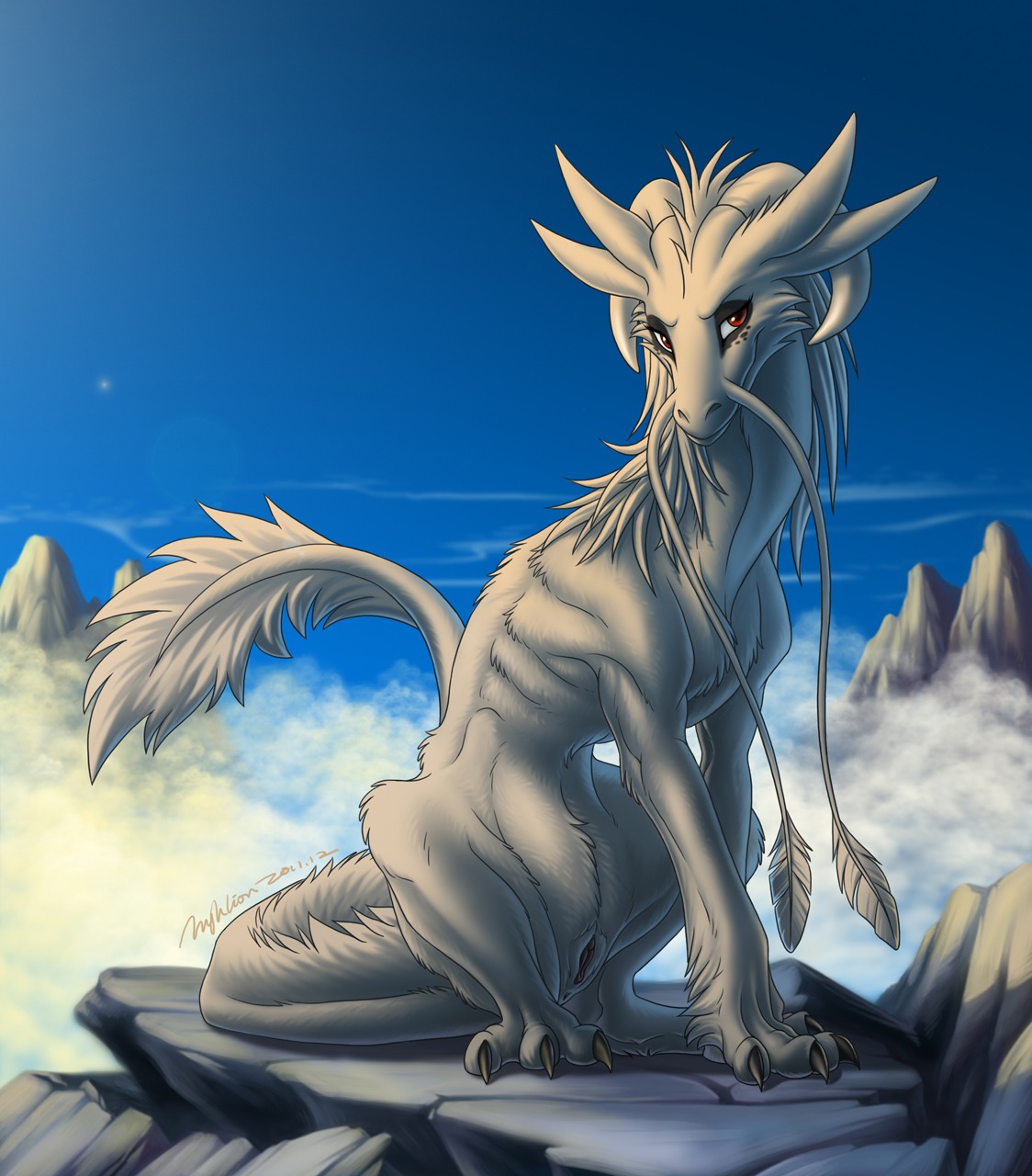 anus black_vulva claws cloud dragon e621 eye_markings female feral fluffy fur furred_dragon furred_scalie genitals hi_res horn hyhlion looking_at_viewer markings mountain multi_ear mythological_creature mythological_scalie mythology nhala_levee outside paws red_eyes rock scalie sitting skinny sky solo spread_legs spreading tail vulva whiskers white_body white_fur