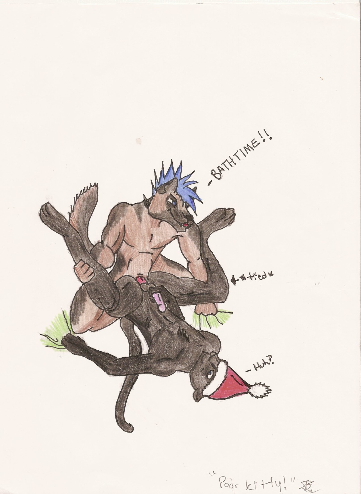 anal anal_penetration anthro anvil_position ass_up balls blue_hair canid canine canis christmas christmas_clothing christmas_headwear clothing dialogue domestic_dog duo e621 english_text erection eye_contact felid from_front_position genitals german_shepherd grabbing_sheets hair hat headgear headwear herding_dog hi_res holidays humanoid_genitalia humanoid_penis interspecies kneeling leg_grab legs_up looking_at_another lying male male/male male_penetrated male_penetrating male_penetrating_male mammal masturbation melanistic mohawk nude on_back pantherine pastoral_dog penetration penile penile_masturbation penis santa_hat sex simple_background skill tail text unknown_artist