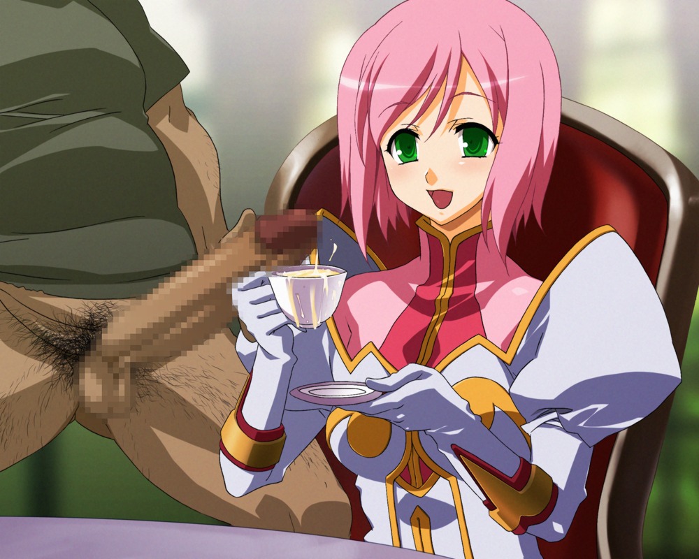 1girls akaten blush cum estellise_sidos_heurassein fat_male female green_eyes male open_mouth penis pink_hair pubic_hair rule34 smile tales_of_(series) tales_of_vesperia