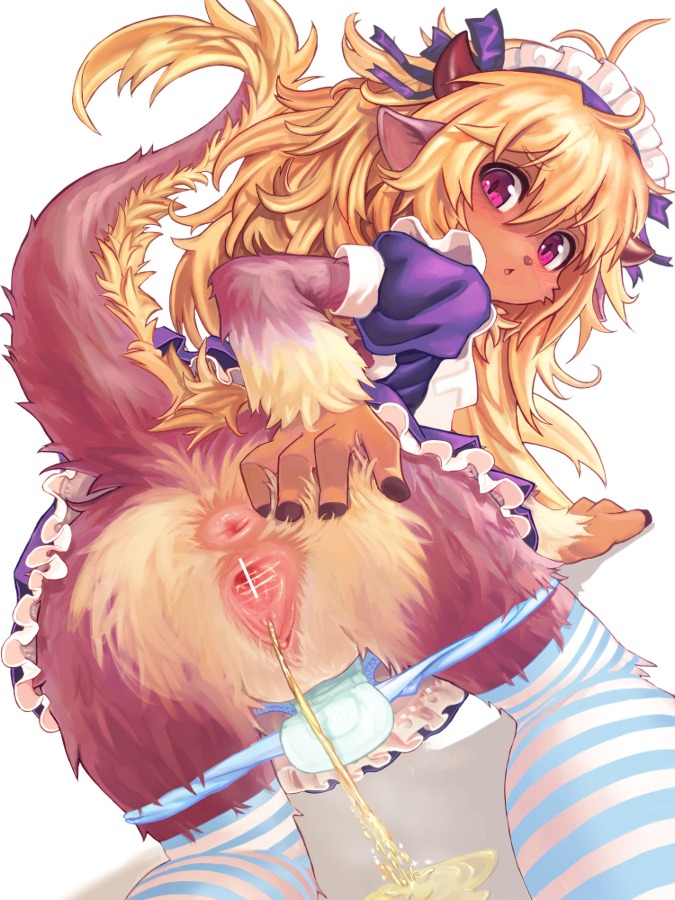 3:4 accessory all_fours anthro anus bent_over biped blonde_hair bodily_fluids brown_body brown_fur chikokuma clothed clothing digital_media_(artwork) e621 female female_urethra frilly frilly_accessory frilly_hairband fur genital_fluids genitals hair hair_accessory hairband hand_on_butt horn legwear long_hair looking_at_viewer looking_back maid_uniform maxi_pad menstrual_pad multicolored_body multicolored_fur panties panties_down partially_clothed pattern_clothing pattern_legwear pattern_stockings peeing pink_eyes presenting raised_tail rear_view solo spread_vulva spreading stockings striped_clothing striped_legwear striped_stockings stripes tail underwear underwear_down uniform unknown_species urethra urine vulva yellow_body yellow_fur