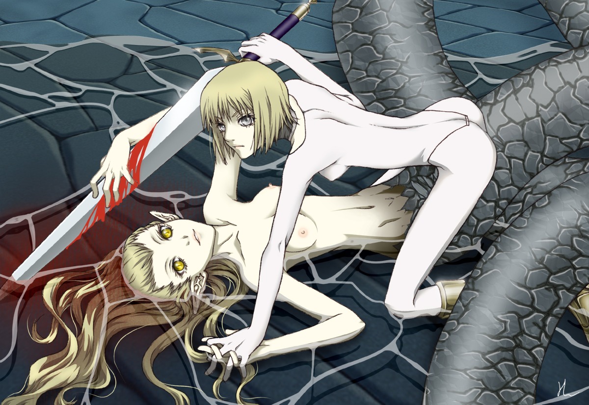 blood breasts clare_(claymore) claymore clothing female lamia naga nipples ophelia_(claymore) rule34 small_breasts sword tagme
