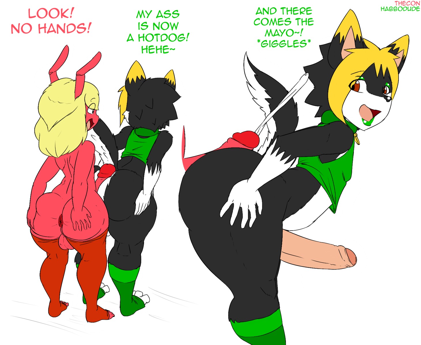 2013 ant anthro anus arthropod balls big_butt bodily_fluids bottomless butt canid canine clothed clothing cum cumshot desi dialogue duo e621 ejaculation english_text erection femboy genital_fluids genitals habbodude hair hi_res hot_dogging humanoid_genitalia humanoid_penis hymenopteran insect legwear lipstick makeup male male/male mammal mostly_nude orgasm penis sex stockings text thecon wide_hips