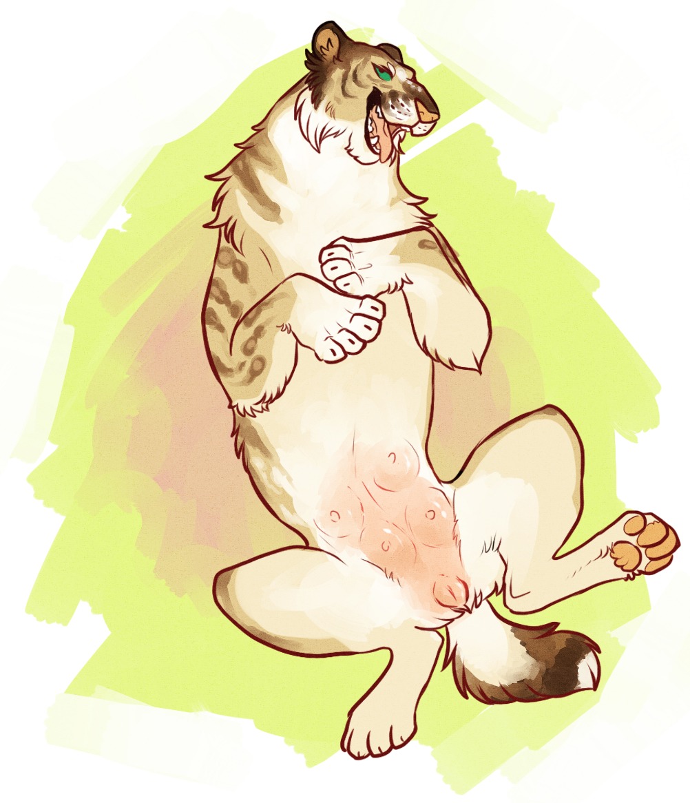 2013 2014 abstract_background e621 felid female feral fur genitals green_eyes hoot_(artist) lake_halliwell looking_at_viewer lying mammal multi_nipple multi_teat nipples on_back open_mouth pawpads paws presenting simple_background solo spread_legs spreading teats tongue tongue_out vulva