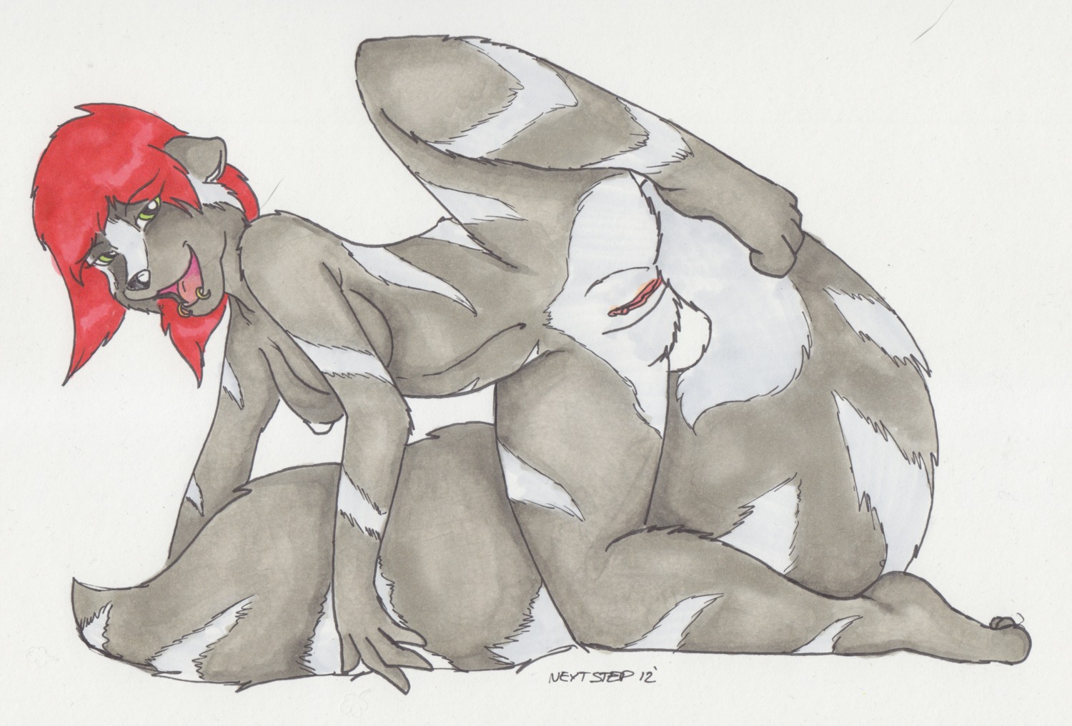 2012 anthro breasts e621 facial_piercing female fluffy fluffy_tail genitals green_eyes hair hi_res lip_piercing lip_ring looking_at_viewer mammal mephitid nextstep nipples piercing presenting raised_leg red_hair ring_piercing skunk smile snakebite_piercing solo spotted_skunk tail vulva