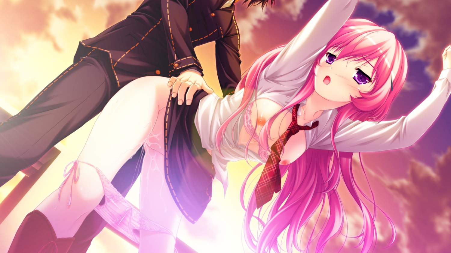 blush bra breasts female game_cg long_hair makita_maki mukougaoka_kana nipples panties pink_hair purple_eyes pussy pussy_juice rule34 seifuku sex shinigami_no_testament sunset tie underwear