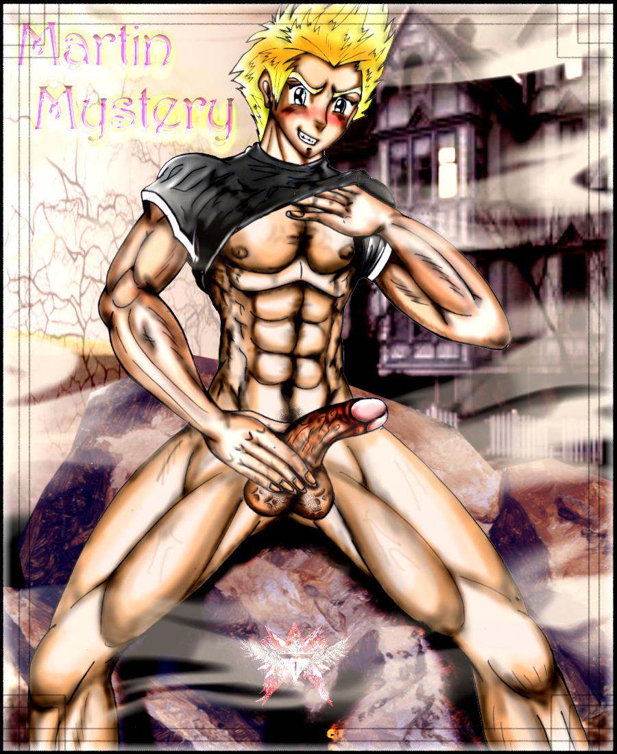 abs artist_request balls blonde_hair blush erect_nipples erection evil_smile exposed_nipples foreskin gay holding_penis inviting_to_sex male male_focus male_only martin_mystery martin_mystery_(character) muscles nipples pecs penis questionable_anatomy retracted_foreskin rule34 shirt_lift spread_legs testicles uncircumcised undressing veiny_balls veiny_penis veiny_testicles yaoi