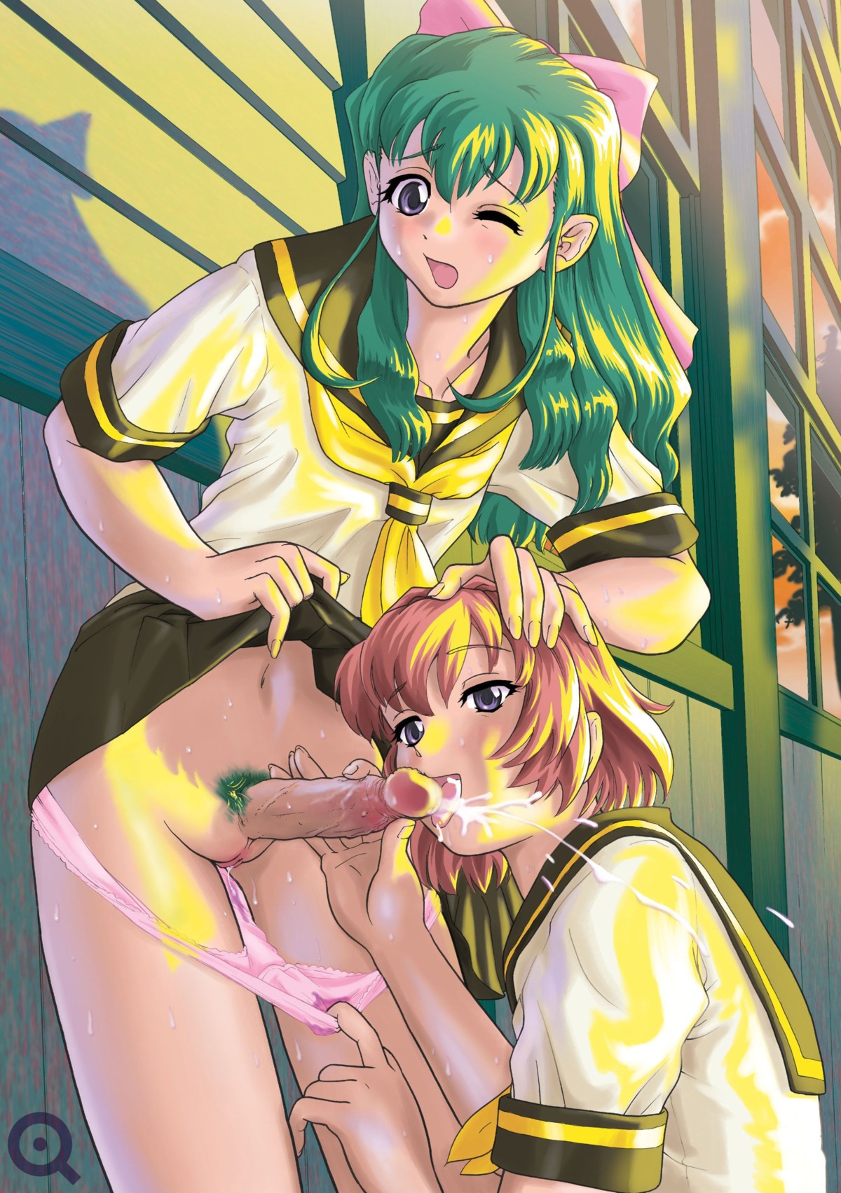 bow brown_hair clothing color cum cumshot cute_panties ejaculation fellatio female futa_on_female futa_sans_balls futa_with_female futanari green_hair high_resolution intersex jpeg_artifacts lace-trimmed_panties long_hair miyafuji_miina no_balls onegai_twins onodera_karen oral panties panty_pull penis pink_panties pubic_hair pussy q_(artist) ribbon_panties rule34 school_uniform serafuku short_hair skirt skirt_lift uncensored underwear uniform