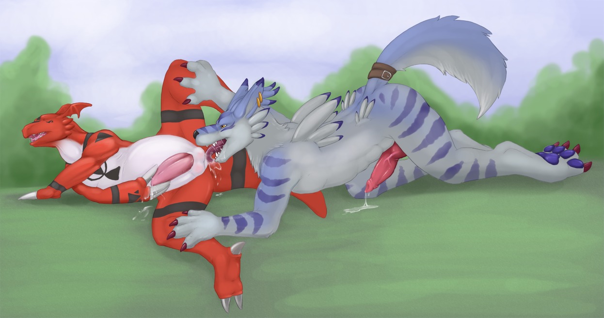 accessory anal anthro anus bandai_namco belly black_markings blue_markings canid canine conditional_dnp cum_while_rimmed cum_while_rimming digimon digimon_(species) digital_hazard duo e621 ear_piercing erection furgonomics genitals guilmon interspecies licking lol_comments looking_pleasured male male/male male_penetrated male_penetrating male_penetrating_male mammal markings nude open_mouth oral penetration penis piercing red_body rimming scalie sex symbol tail tail_accessory tailband tojo_the_thief tongue tongue_out weregarurumon white_belly yellow_eyes