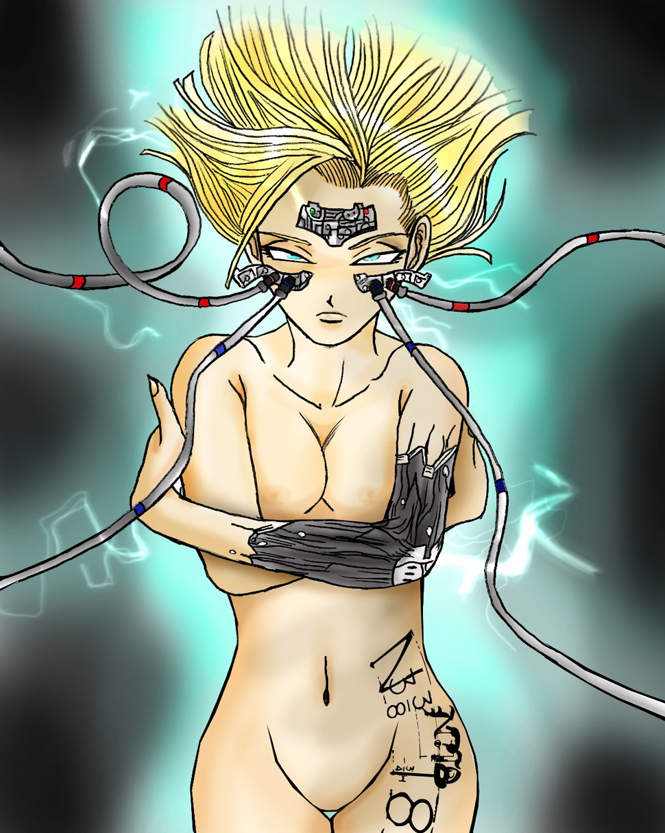 android android_18 blonde_hair blue_hair dragon_ball dragon_ball_z female machine navel nude pussy robot robot_girl rule34