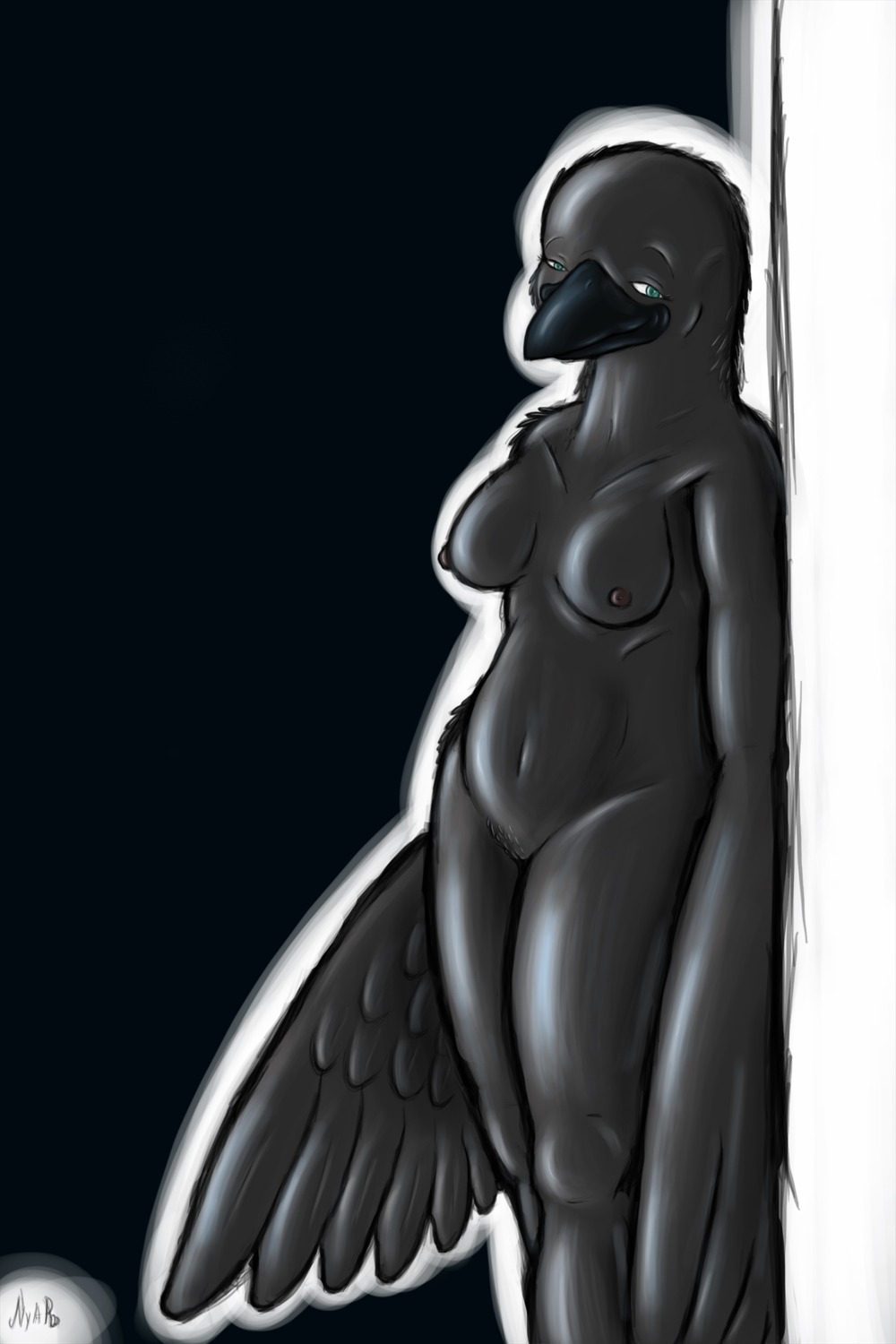 2009 anthro avian beak biped bird black_background breasts corvid corvus_(genus) crow digital_media_(artwork) e621 feathered_wings feathers female freyja_(nyar) front_view genitals hi_res nipples non-mammal_breasts non-mammal_nipples nude nyar oscine passerine pubes signature simple_background solo vulva wings