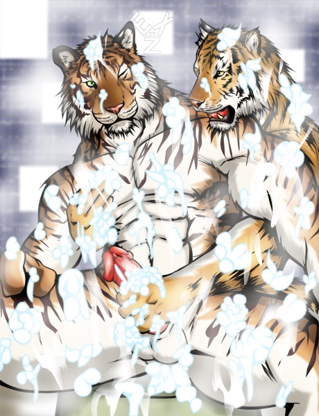 balls bath duo e621 erection exz felid genitals handjob humanoid_genitalia humanoid_penis male male/male mammal muscular nude one_eye_closed pantherine penile penis sex sitting suds tiger water