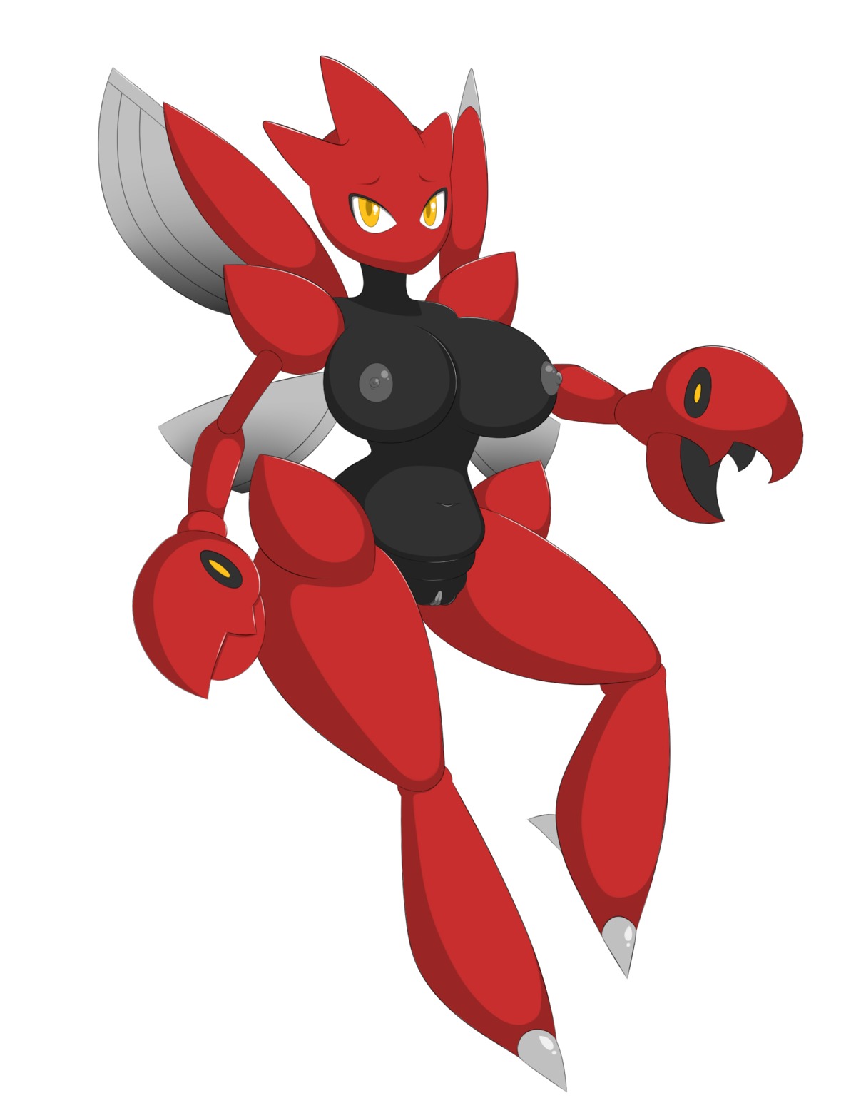 anthro big_breasts breasts busty_feral e621 female feral generation_2_pokemon genitals hi_res looking_at_viewer nintendo nipples nirriti nude pokemon pokemon_(species) scizor simple_background solo vulva white_background