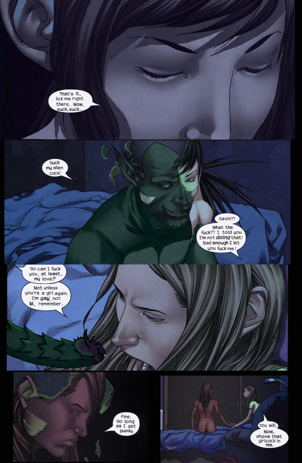 annoyed annoyed_expression comic futanari intersex iwcwlt karolina_dean marvel marvel_comics nico_minoru refusal refuse_fellatio refused_blowjob rule34 runaways sister_grimm skrull straight_hair xavin
