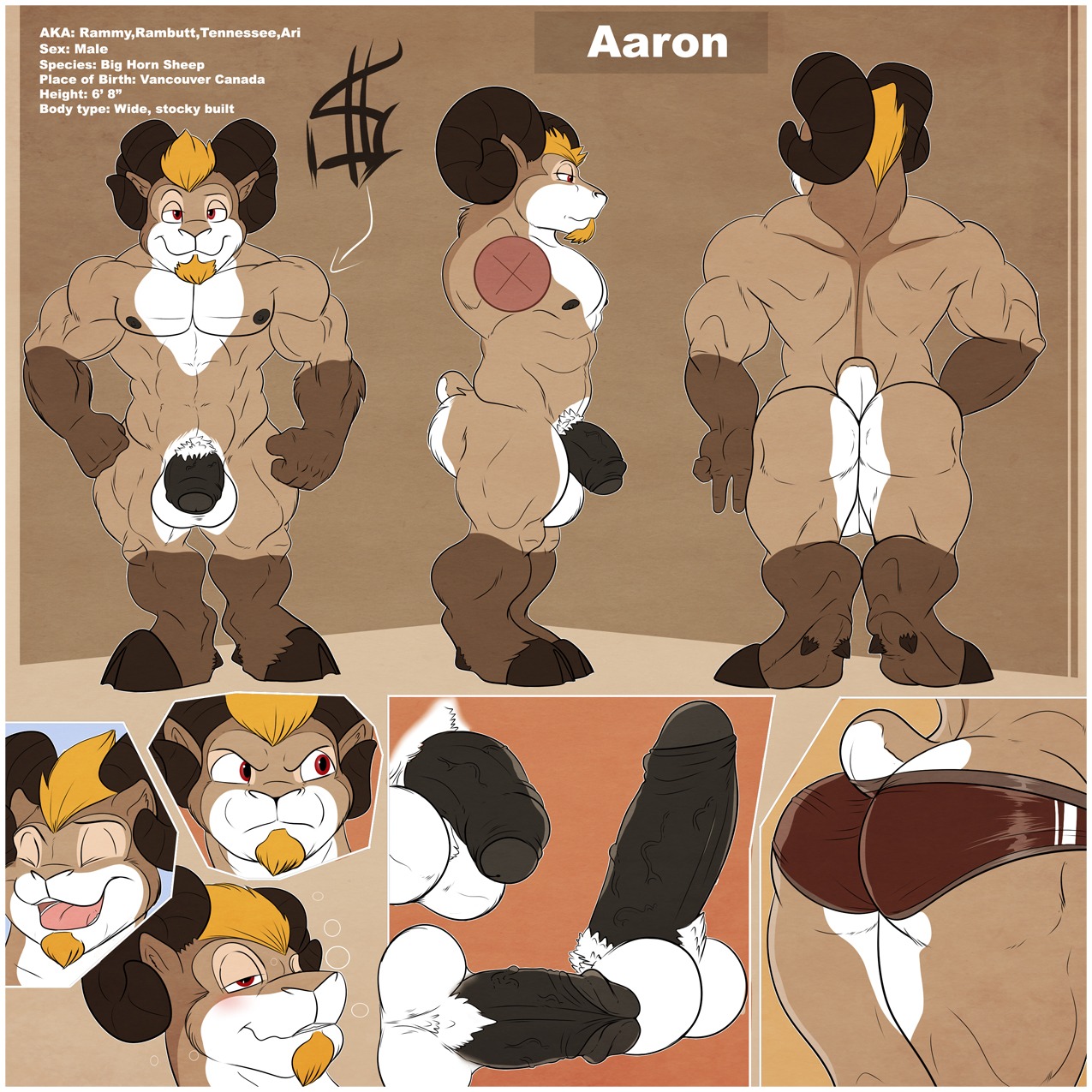 1:1 2012 aaron_(artist) abs angry anthro backsack balls beard biceps big_muscles big_penis bighorn_sheep biped black_nipples black_penis blonde_hair blush bovid bovid_horn briefs brown_background brown_body brown_fur butt caprine caprine_horn character_name close-up clothed clothing cloven_hooves dewclaw_hooves digital_media_(artwork) drunk e621 english_text erection eyes_closed facial_hair flaccid foreskin frown fur fur_markings genitals gloves_(marking) goatee grin hair half-erect happy hi_res hooves horn humanoid_genitalia humanoid_penis leg_markings looking_at_viewer male mammal markings model_sheet multicolored_body multicolored_fur multiple_angles multiple_poses muscular muscular_anthro muscular_male nipples nude open_mouth orange_background partially_retracted_foreskin pecs penis pose pubes ram_horn rammy_aaron red_eyes retracted_foreskin sheep short_hair side_view simple_background smile socks_(marking) solo standing substance_intoxication tan_body tan_fur teeth text thick_penis tongue topless turnaround underwear unguligrade vein veiny_penis white_balls white_body white_fur
