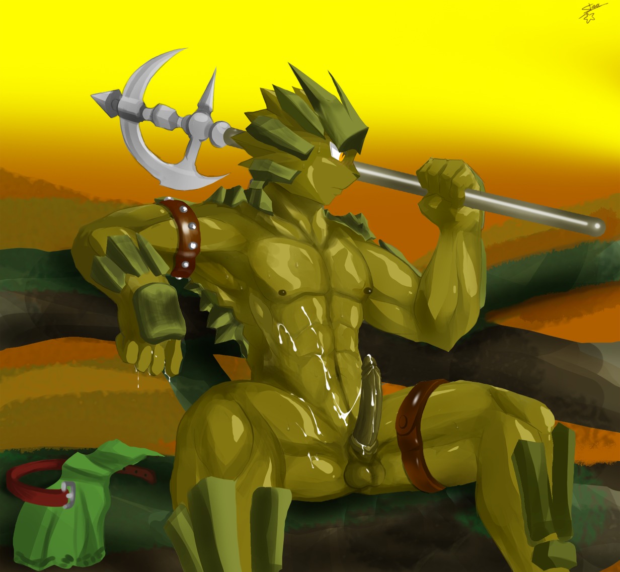 axe balls bodily_fluids cum e621 erection genital_fluids genitals green_body green_skin holding_object holding_weapon humanoid_genitalia humanoid_penis long_penis male melee_weapon messy monster muscular muscular_male nude penis sheer_(artist) sitting solo tapering_penis thick_thighs weapon yellow_eyes