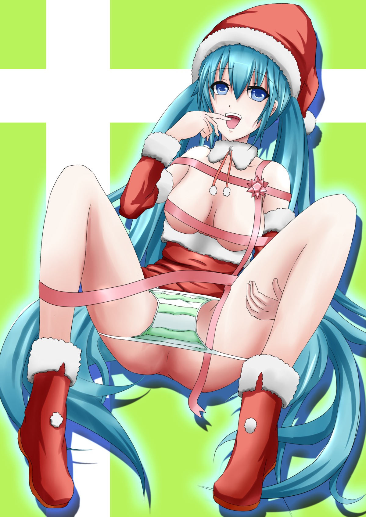 1girl aqua_eyes aqua_hair blue_eyes boots breasts christmas convenient_censoring detached_sleeves female hat hatsune_miku long_hair medium_breasts open_mouth panties panty_pull rule34 santa_costume santa_hat solo striped striped_panties tagme twintails underwear very_long_hair vocaloid