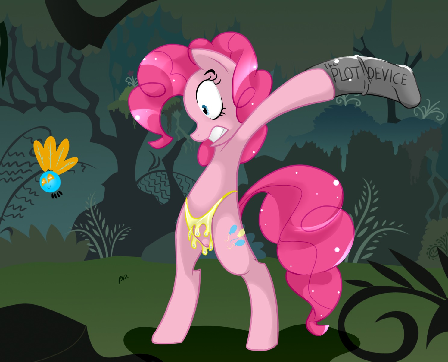 2012 biped blue_eyes cutie_mark detailed_background digital_media_(artwork) dildo duo e621 earth_pony equid equine female feral forest friendship_is_magic fur genitals hair hasbro hi_res horse insect_wings mammal my_little_pony outside pink_body pink_fur pink_hair pinkie_pie_(mlp) plant pony severus sex_toy solo_focus strapon tail the_plot_device tree vulva wings wood