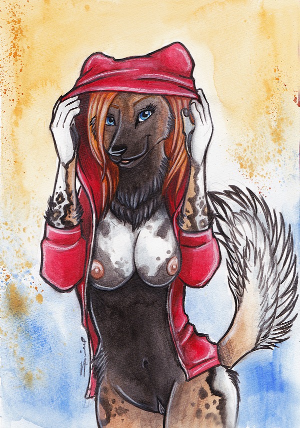 african_wild_dog anthro areola big_breasts blue_eyes breasts canid canine clothed clothing curvy_figure e621 exposed_breasts female genitals hair hourglass_figure ineffective_clothing looking_at_viewer mammal navel neck_tuft nipples no_underwear pink_areola pink_nipples pose red_hair shiverz skimpy smile solo tail traditional_media_(artwork) tuft vulva