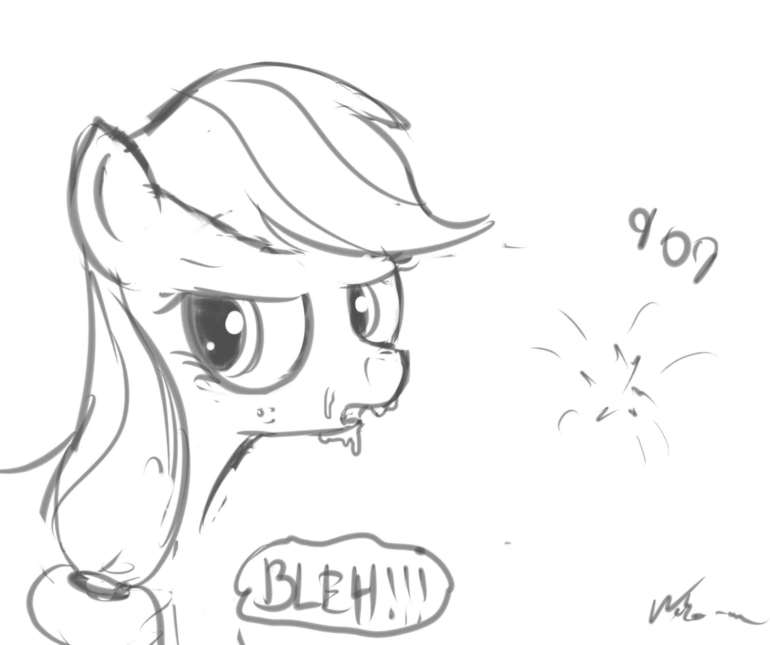 2013 applejack_(mlp) black_and_white bodily_fluids cum cum_on_face e621 earth_pony equid equine exclamation_point female feral freckles friendship_is_magic genital_fluids hair hasbro hi_res horse mammal monochrome my_little_pony neko-me pony solo