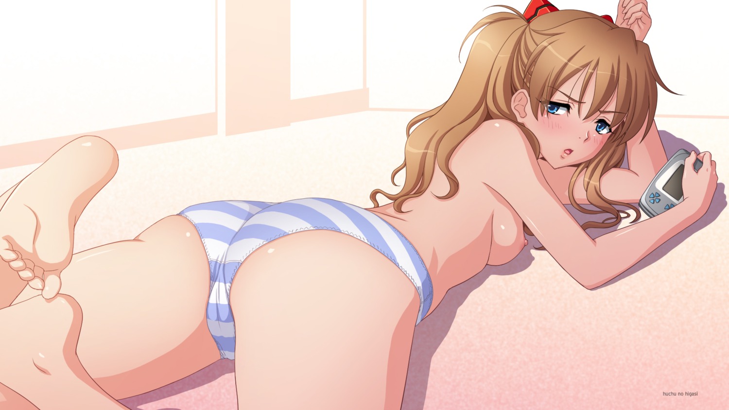 asuka_langley_sohryu backboob blue_eyes blush breasts female long_hair looking_at_viewer looking_back neon_genesis_evangelion on_floor on_stomach panties rule34 sideboob small_breasts striped_panties tagme topless
