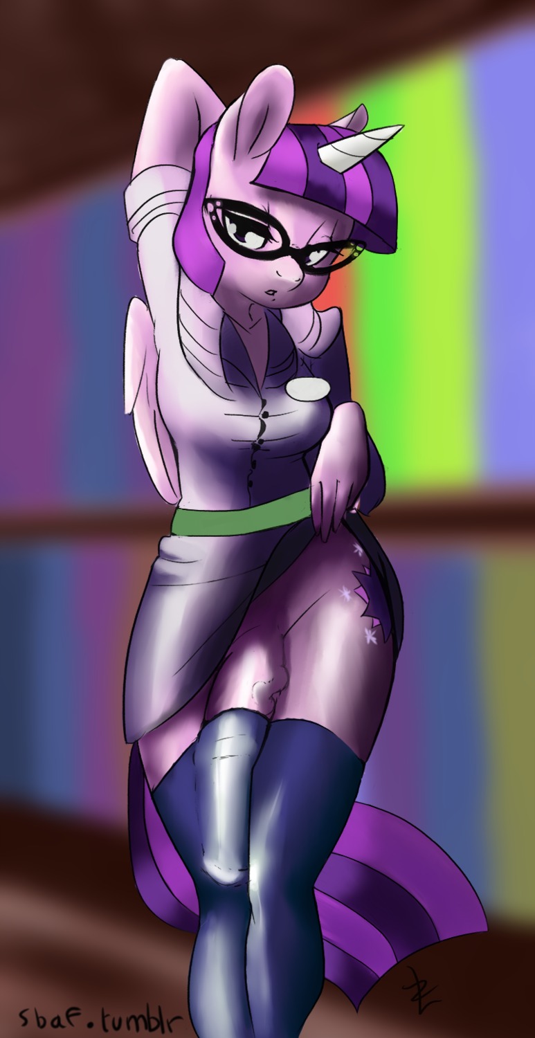 2014 animal_genitalia animal_penis anthro anthrofied clothing colored cutie_mark e621 equid equine equine_genitalia equine_penis eyewear feathered_wings feathers friendship_is_magic fur genitals glasses gynomorph hair half-erect hands_behind_back hasbro hi_res horn intersex legwear lizombie looking_at_viewer mammal multicolored_hair my_little_pony mythological_creature mythological_equine mythology penis purple_body purple_eyes purple_feathers purple_fur purple_hair sb-af solo twilight_sparkle_(mlp) two_tone_hair vein winged_unicorn wings