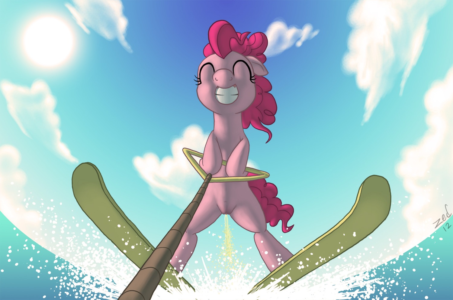 bodily_fluids detailed_background e621 earth_pony equid equine female female_peeing feral friendship_is_magic genital_fluids genitals grin hair hasbro hi_res horse mammal my_little_pony nerdmouse outside peeing peeing_into_water pink_hair pinkie_pie_(mlp) pony sky smile solo tail teeth urine vulva water waterskiing watersports