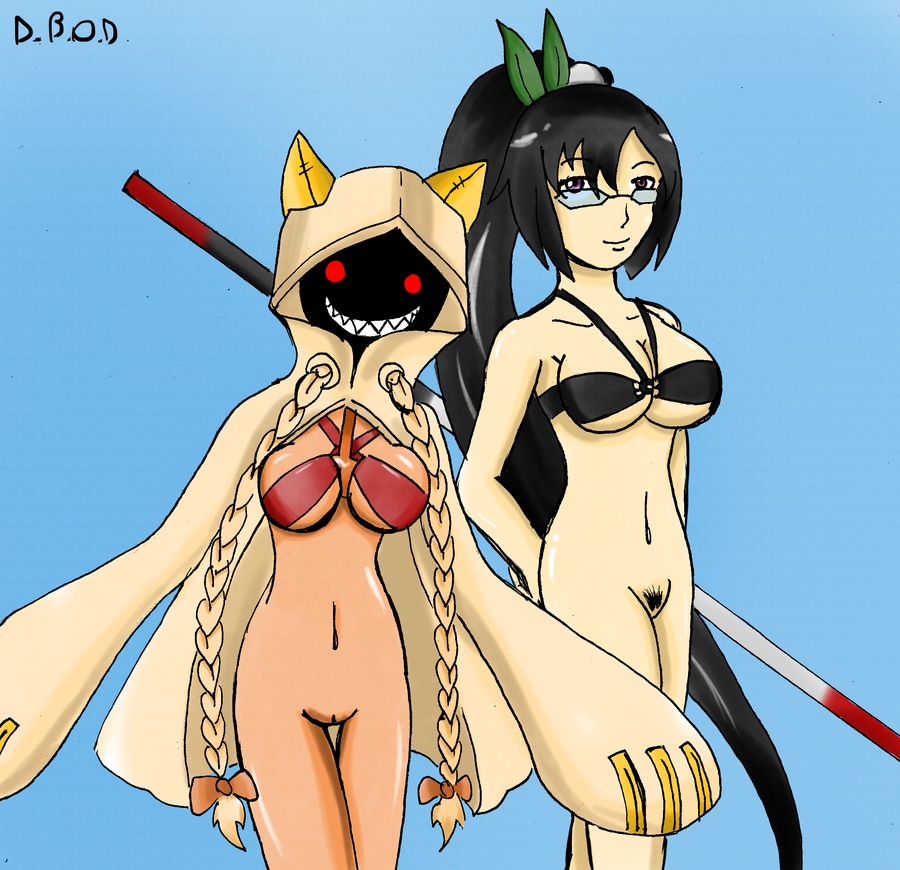 2girls blazblue blazblue:_calamity_trigger blue_background bra breasts dinobirdofdoom female litchi_faye_ling medium_breasts multiple_females multiple_girls no_panties no_sex pigtails ponytail presenting pubic_hair pussy rule34 tagme taokaka
